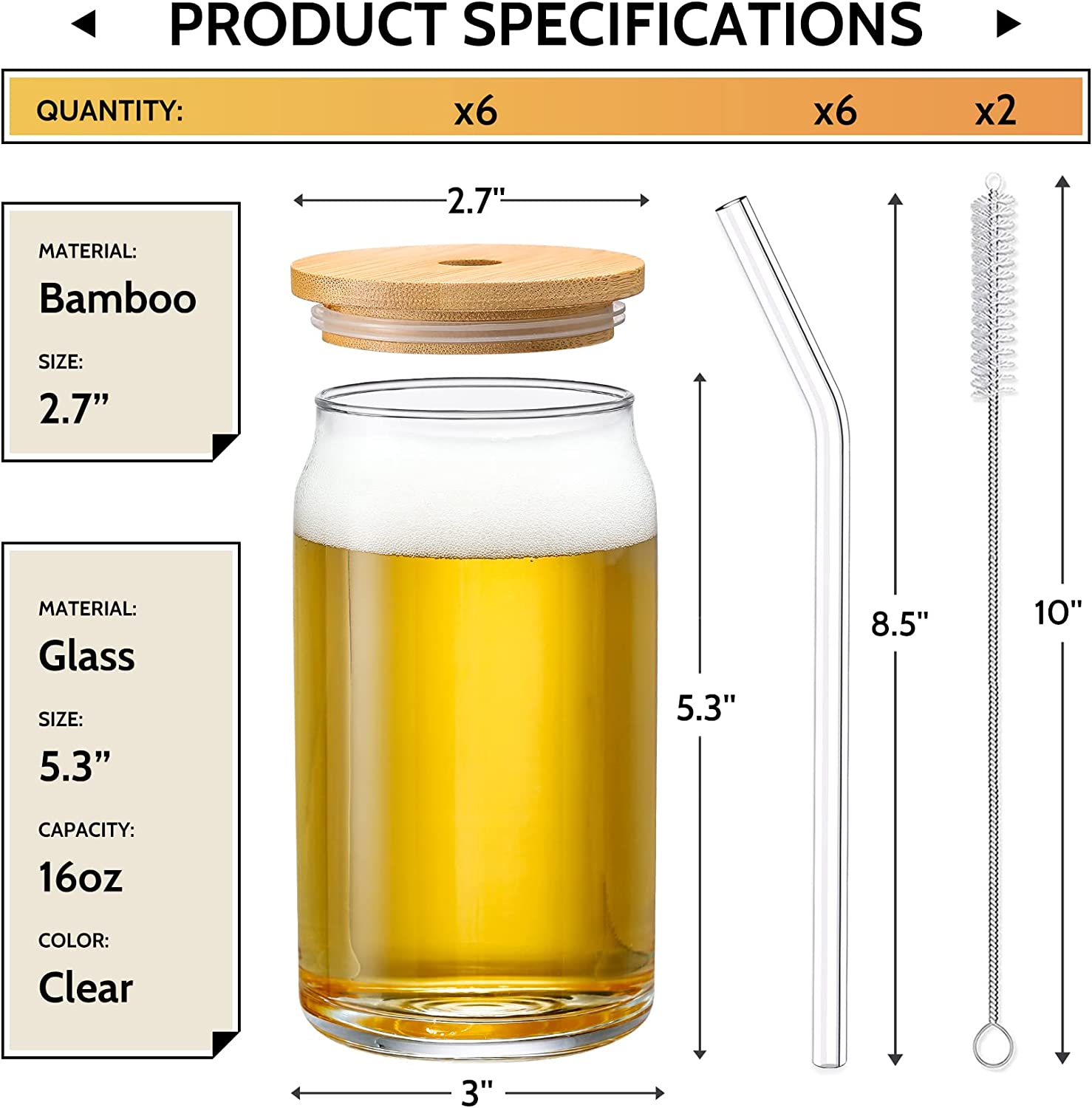 [ 6pcs Set ] Glass Cups with Bamboo Lids and Glass Straw - Beer Can Shaped Drinking Glasses, 16 oz Iced Coffee Glasses, Cute Tumbler Cup for Smoothie, Boba Tea, Whiskey, Water - 2 Cleaning Brushes - Image 2